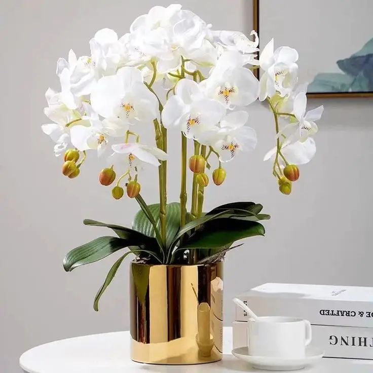 Artificial White Orchid Arrangemants In Golden Pot — Artificial Plants for Dubai & UAE delivery | Planto.ae