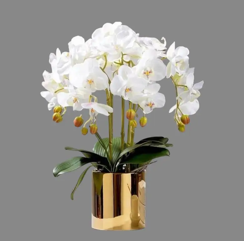 Artificial White Orchid Arrangemants In Golden Pot — photo 2 | Planto.ae UAE