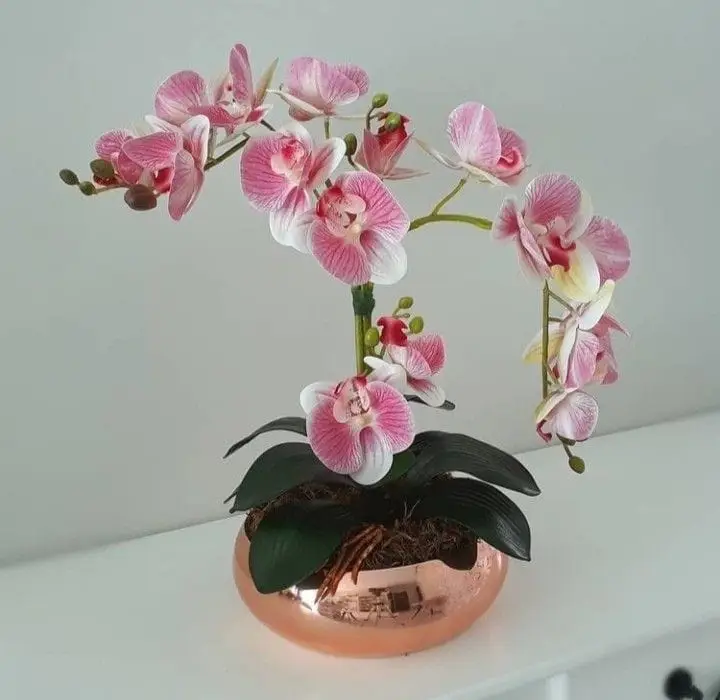 Pink Two Stem Fake Orchid In Golden Bowl — Artificial Plants for Dubai & UAE delivery | Planto.ae