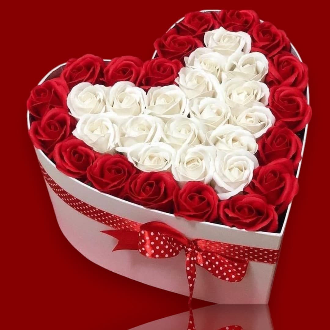 Artificial/Fake Red And White Roses In Heart Shaped Box — Artificial Plants for Dubai & UAE delivery | Planto.ae