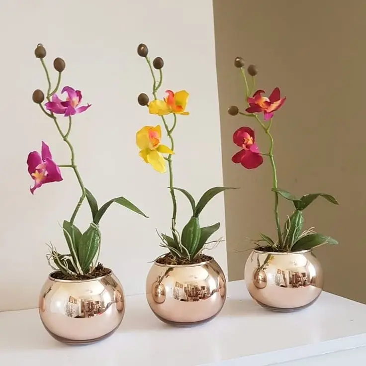Orchid Mix Colors 3 Pieces In Golden Pot — Artificial Plants for Dubai & UAE delivery | Planto.ae