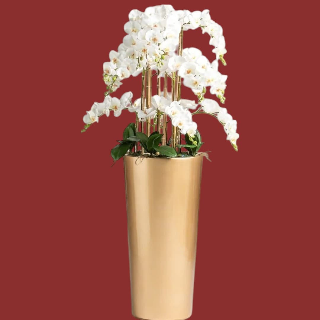 White Orchid Artificial Plant In Golden Metal Pot — Artificial Plants for Dubai & UAE delivery | Planto.ae