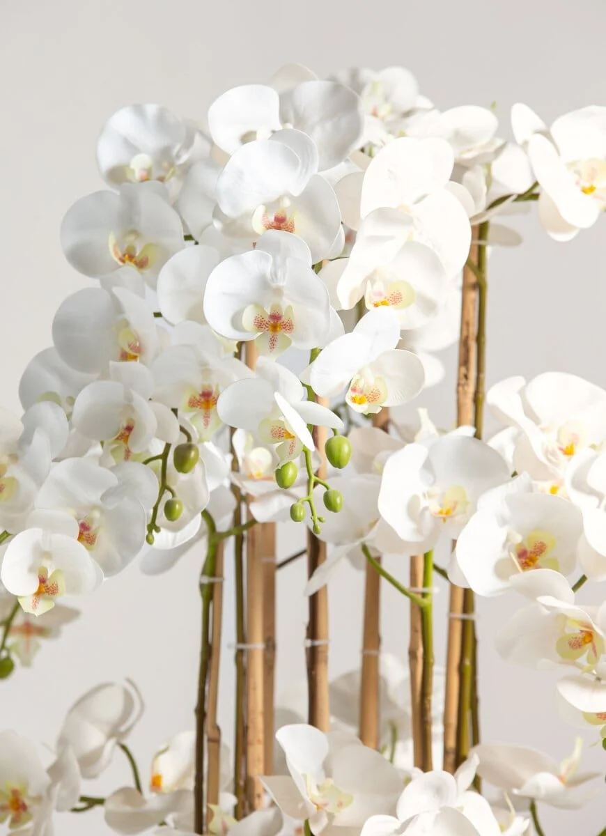 White Orchid Artificial Plant In Golden Metal Pot — photo 2 | Planto.ae UAE